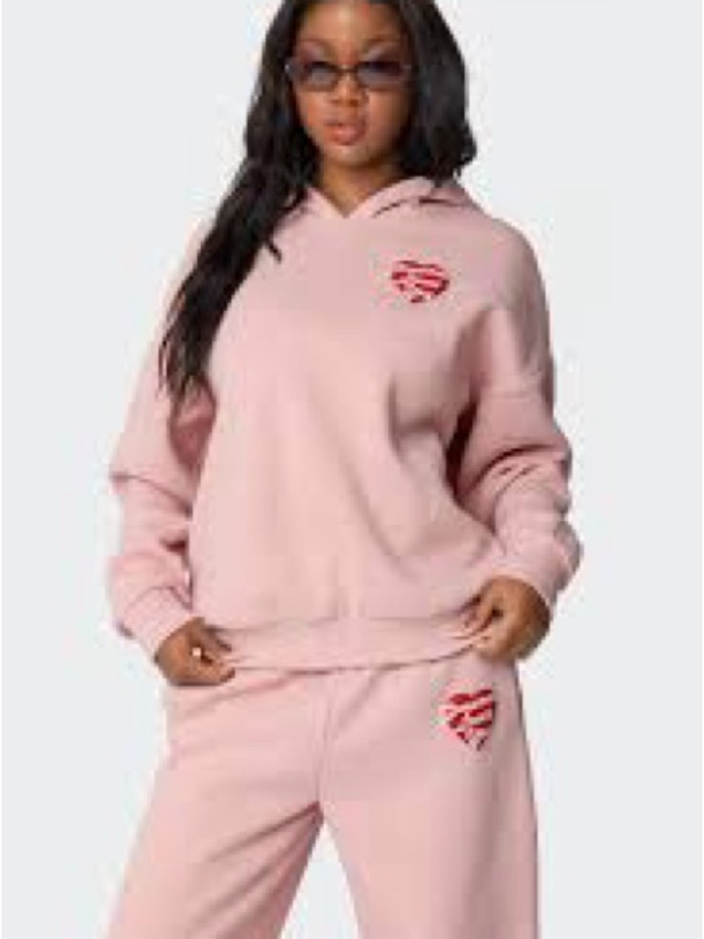 Edikted “Someone Loves You” Pink Hoodie and Jogger Set with Red Heart Logo